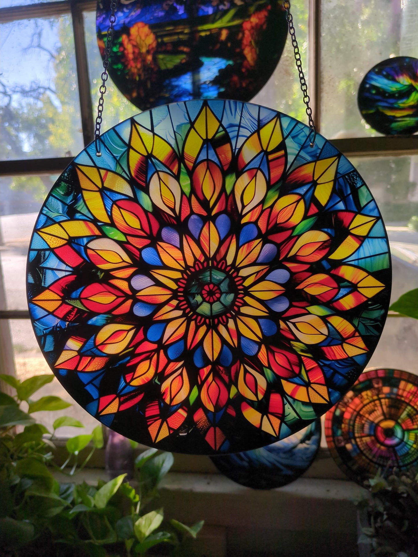 Jeweled Mandala: Stained Glass Style Window Hanging Made With Real Glass