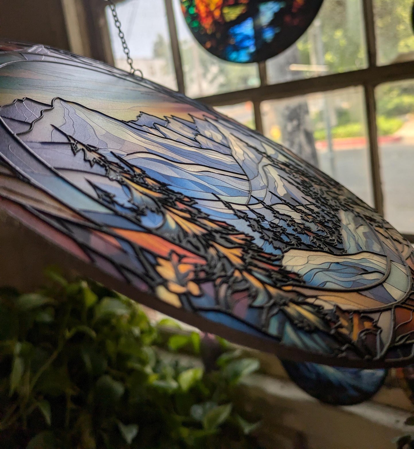Snowy Alpine Mountain Range: Stained Glass Style Window Hanging
