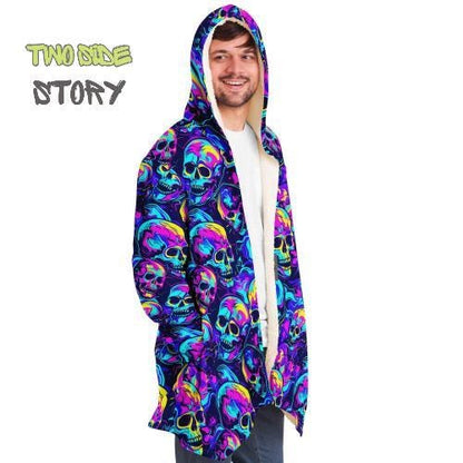 Unisex Micro-fleece Neon Skulls Print Hooded Cloak,Festival Rave Party Wear,Soft Halloween Cape,Vivid Colors EDM Festival Cape,Unique Gifts