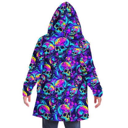 Unisex Micro-fleece Neon Skulls Print Hooded Cloak,Festival Rave Party Wear,Soft Halloween Cape,Vivid Colors EDM Festival Cape,Unique Gifts
