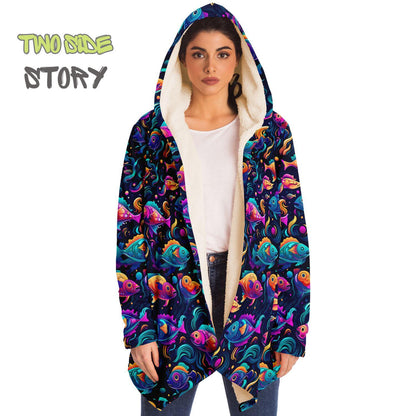 Unisex Micro-fleece Psychedelic Fish Hooded Cloak,Festival Rave Party Wear,Soft Halloween Cape,Vivid Colors EDM Festival Cape,Unique Gifts