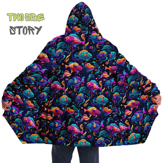 Unisex Micro-fleece Psychedelic Fish Hooded Cloak,Festival Rave Party Wear,Soft Halloween Cape,Vivid Colors EDM Festival Cape,Unique Gifts