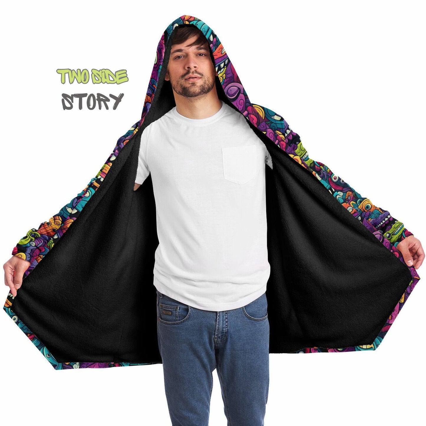 Halloween Monsters Micro-fleece Printed Hooded Cloak,Festival Rave Party Wear,Halloween Cape,EDM Festival Cape, Unique Gifts,Men's Rave Cape
