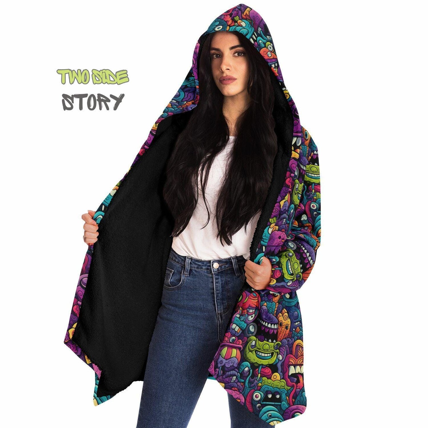 Halloween Monsters Micro-fleece Printed Hooded Cloak,Festival Rave Party Wear,Halloween Cape,EDM Festival Cape, Unique Gifts,Men's Rave Cape