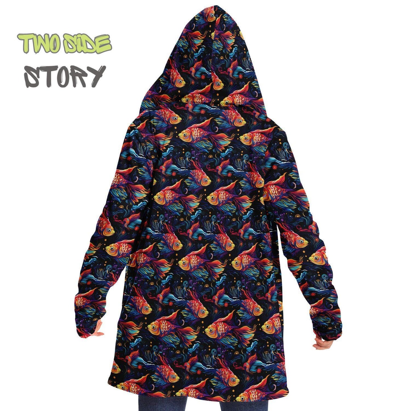 Unique Micro-fleece Psychedelic Fish Hooded Cloak,Festival Rave Party Wear,Soft Halloween Cape,Vivid Colors EDM Festival Cape,Unique Gifts