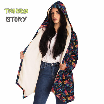 Unique Micro-fleece Psychedelic Fish Hooded Cloak,Festival Rave Party Wear,Soft Halloween Cape,Vivid Colors EDM Festival Cape,Unique Gifts