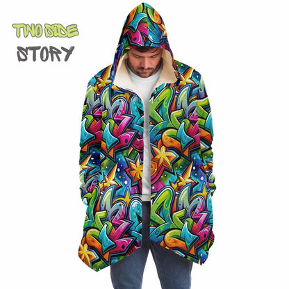Unique Micro-fleece Graffiti Print Hooded Cloak,Festival Rave Party Wear,Soft Halloween Cape,Vivid Colors EDM Festival Cape,Unique Gifts