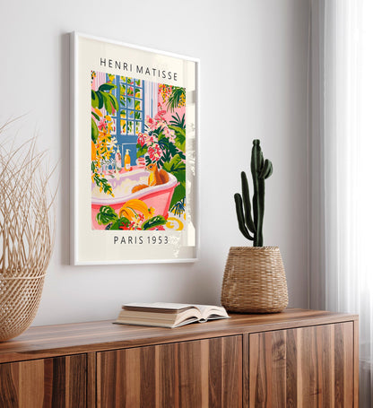 Squirrel in Bathtub Art Print: Funny Pink Tropical Bathroom Decor