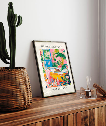 Turtle in Bathtub Art Print: Matisse Style Bathroom Dopamine Decor