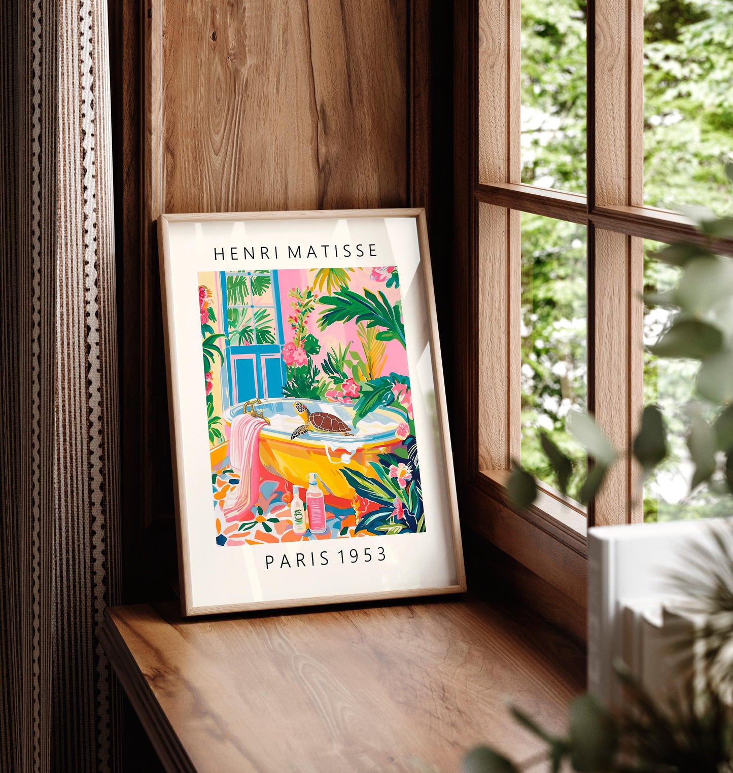 Turtle in Bathtub Art Print: Matisse Style Bathroom Dopamine Decor