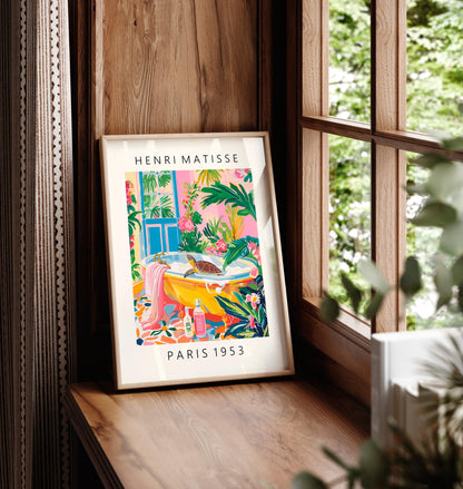 Turtle in Bathtub Art Print: Matisse Style Bathroom Dopamine Decor