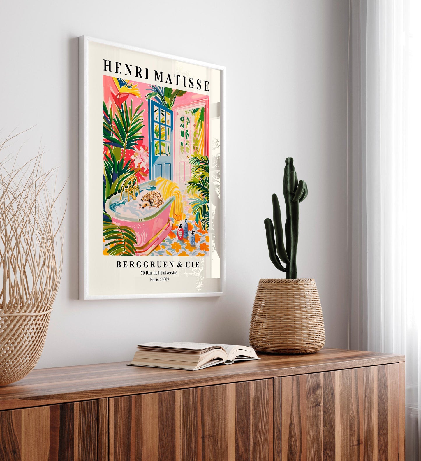 Hedgehog in bathtub art print, Dopamine decor, Matisse print, Bathroom wall art, Pink tropical poster