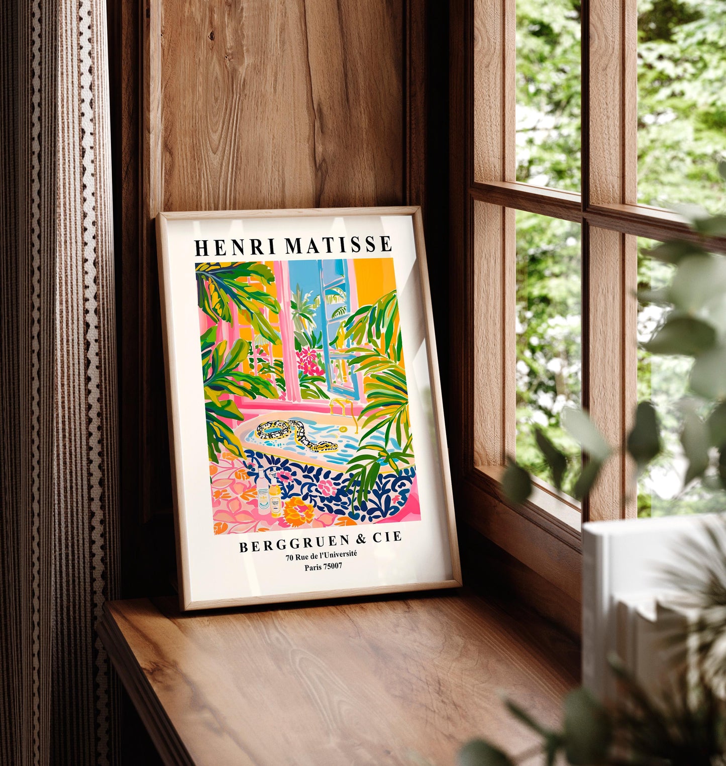 Snake in bathtub poster, Matisse print, Dopamine decor, Pink tropical bathroom art