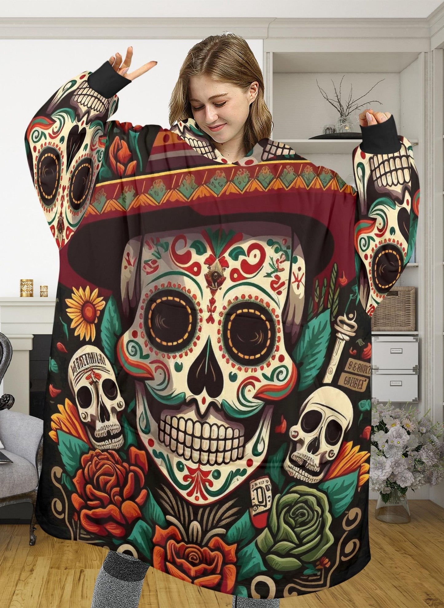 Chicano Sugar Skull Blanket Hoodie Personalized Fleece Loungewear