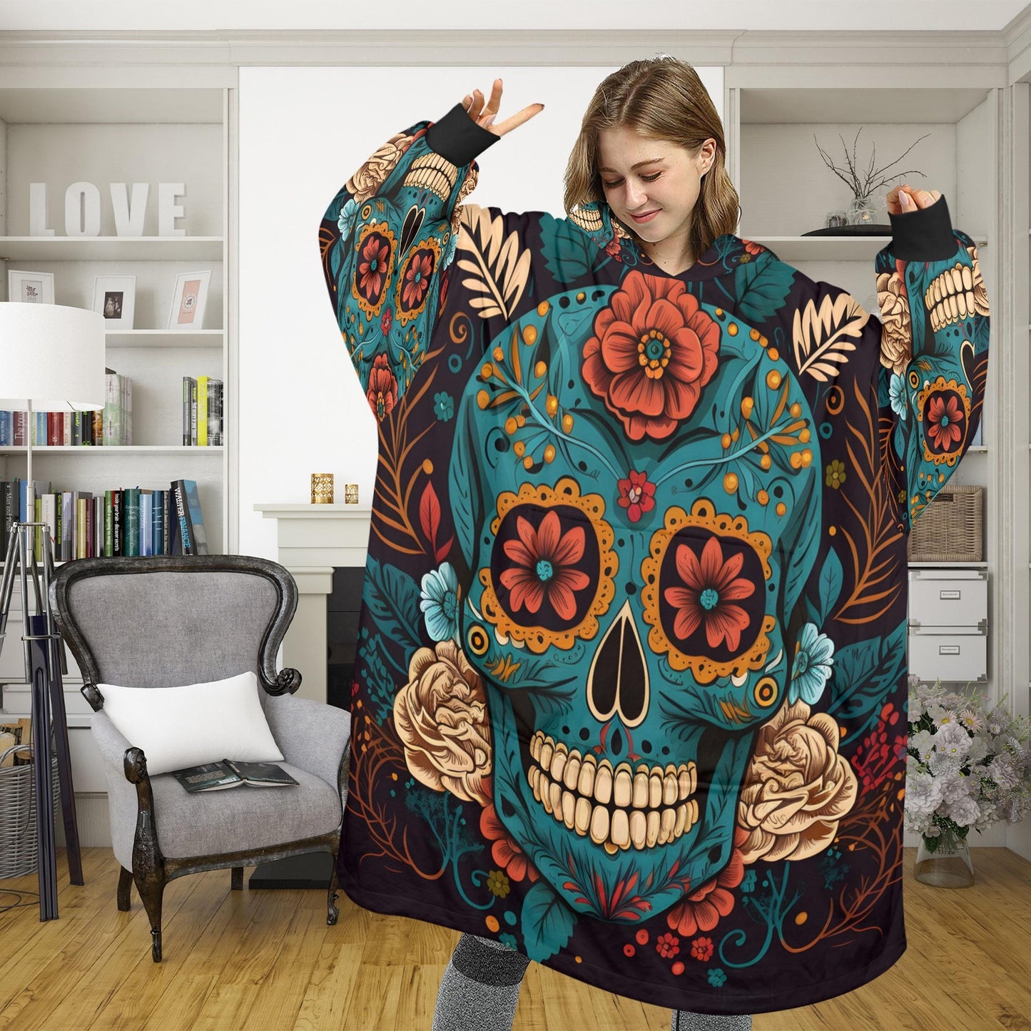 Chicano Sugar Skull Blanket Hoodie Personalized Fleece Loungewear