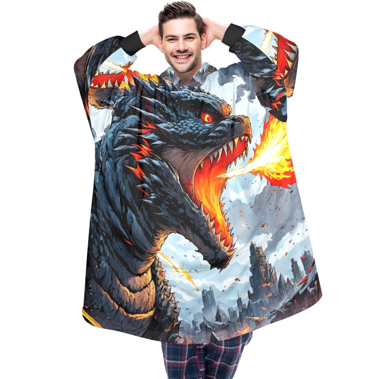 Godzilla Blanket Hoodie Retro Kaiju Monster Cartoon Fleece