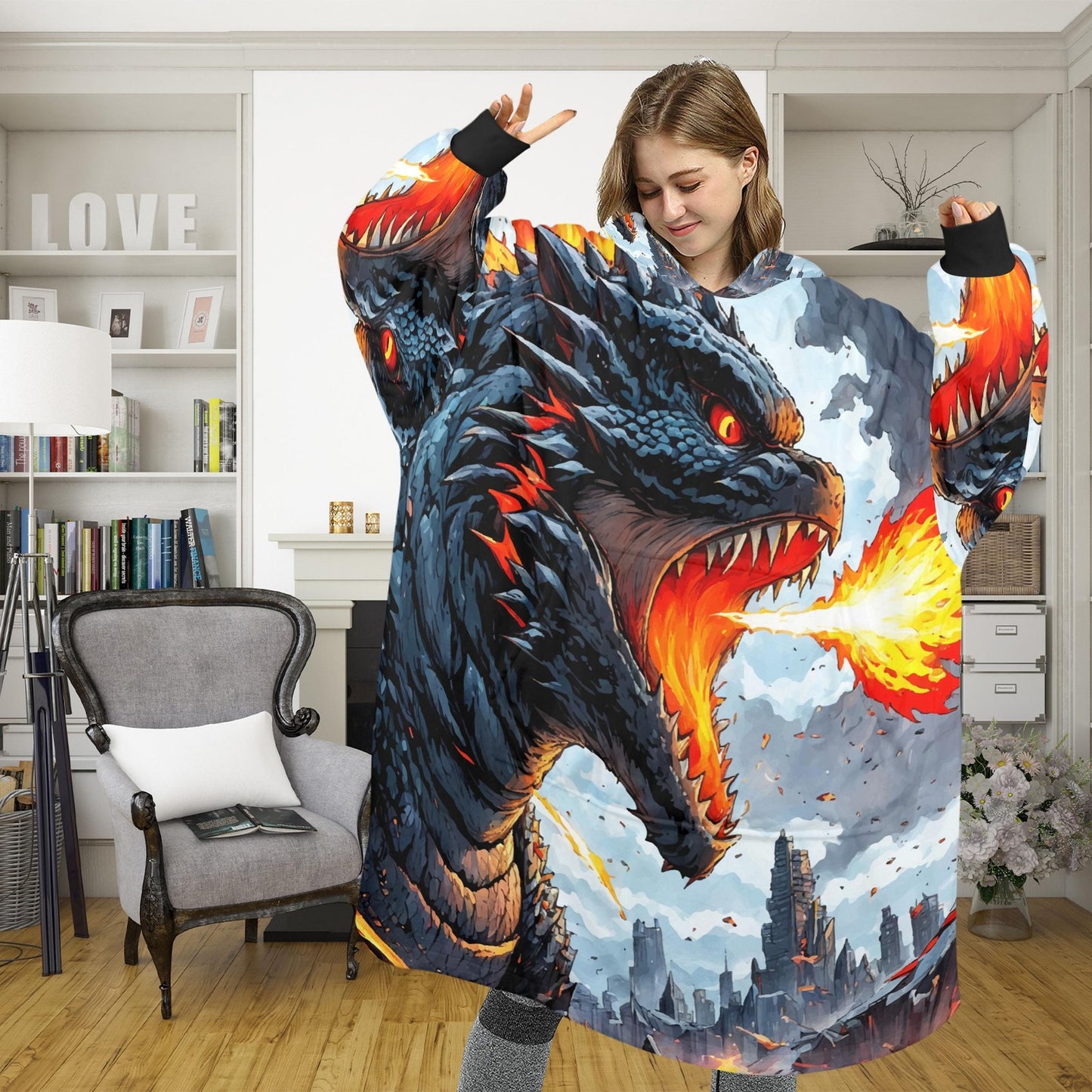Godzilla Blanket Hoodie Retro Kaiju Monster Cartoon Fleece