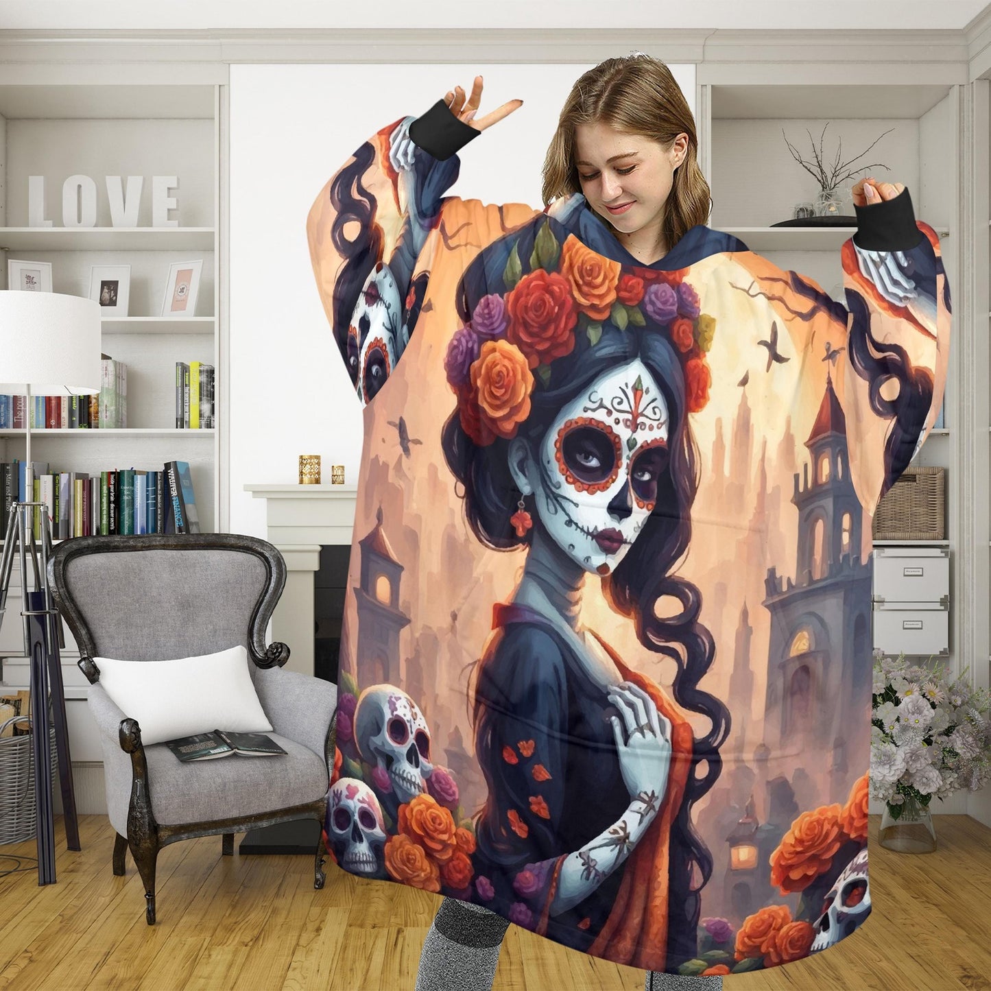 Blanket Hoodie personalized blankets hoodie that is a blanket Mexico Chicano Día De Los Muertos Halloween Horror
