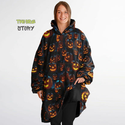 Fun Halloween Glowing Pumpkin Snug Hoodie,Printed Hooded Blanket,Blanket Sleeves,Lounge Wear,Novelty Birthday Christmas Gifts for Him or Her