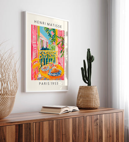 Matisse Style Coffee and Croissant Art Print: Pink Mid Century Poster