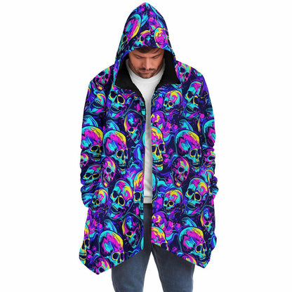 Micro-fleece Neon Skulls Hooded Cloak, Festival Rave Party Wear,Halloween Cape, Vivid Colors EDM Festival Cape, Unique Gifts,Men's Rave Cape