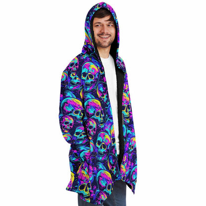 Micro-fleece Neon Skulls Hooded Cloak, Festival Rave Party Wear,Halloween Cape, Vivid Colors EDM Festival Cape, Unique Gifts,Men's Rave Cape