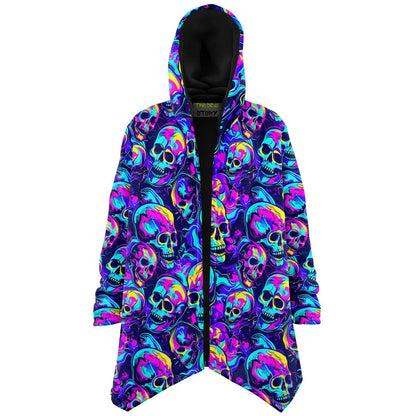 Micro-fleece Neon Skulls Hooded Cloak, Festival Rave Party Wear,Halloween Cape, Vivid Colors EDM Festival Cape, Unique Gifts,Men's Rave Cape