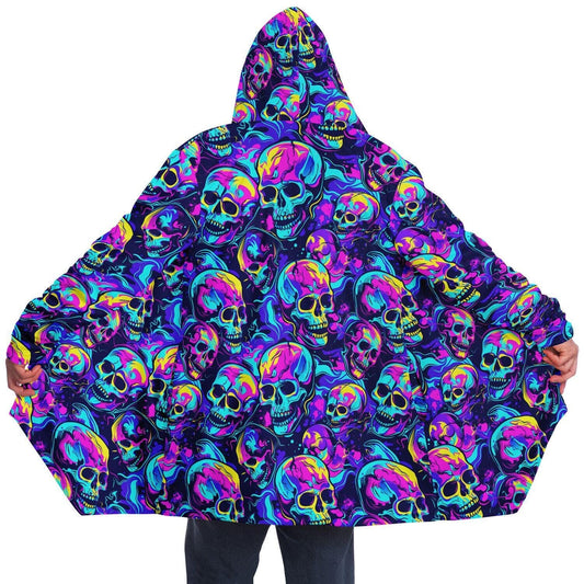 Micro-fleece Neon Skulls Hooded Cloak, Festival Rave Party Wear,Halloween Cape, Vivid Colors EDM Festival Cape, Unique Gifts,Men's Rave Cape