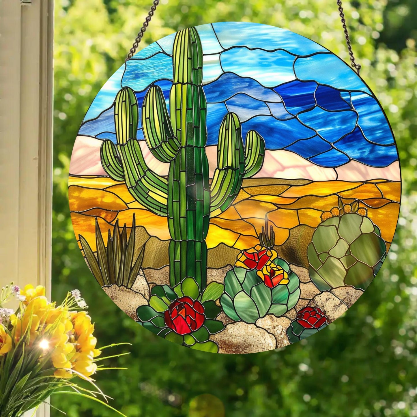 Desert Cactus: Stained Glass Style Window Hanging