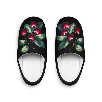 Indoor Slippers, Dark Red Cherry Toile Design, Women's House Shoes, Velvety Look, French Cherry Slipper, Fruit Slippers, Blackslipper