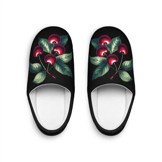 Indoor Slippers, Dark Red Cherry Toile Design, Women's House Shoes, Velvety Look, French Cherry Slipper, Fruit Slippers, Blackslipper