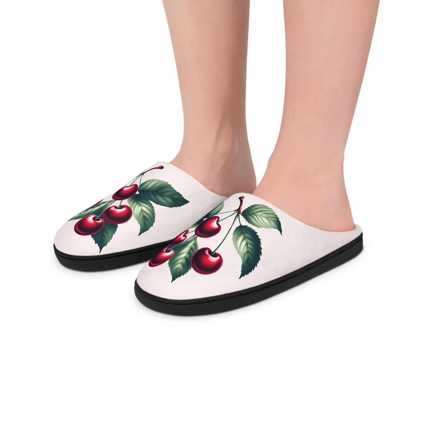 Slippers, Dark Red Cherry Bunch on Light Pink, Women's Indoor Slippers, House Shoes, Gift for Her, Cozy Slippers, Soft Rose Quartz Slippers