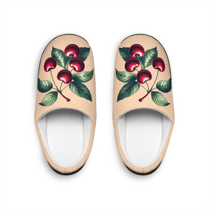 Peachy-Colored Women's Slippers with Dark Red Cherry Toile Design | Soft Fleece, Anti-Skid Black Rubber Soles | Cozy and Stylish HouseShoes