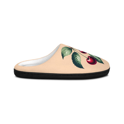 Peachy-Colored Women's Slippers with Dark Red Cherry Toile Design | Soft Fleece, Anti-Skid Black Rubber Soles | Cozy and Stylish HouseShoes