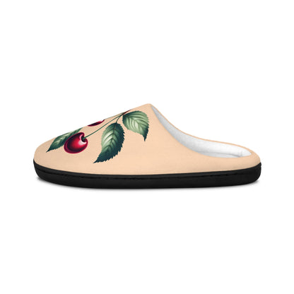 Peachy-Colored Women's Slippers with Dark Red Cherry Toile Design | Soft Fleece, Anti-Skid Black Rubber Soles | Cozy and Stylish HouseShoes