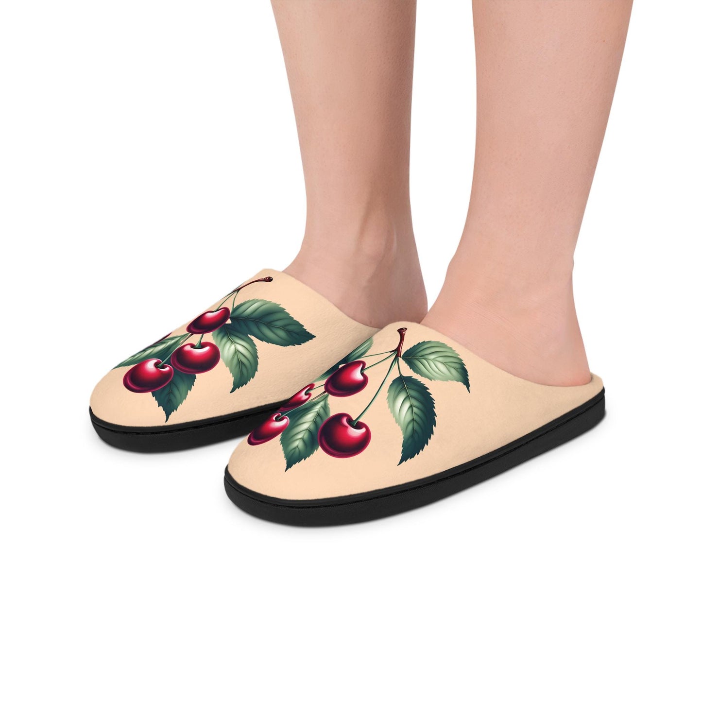Peachy-Colored Women's Slippers with Dark Red Cherry Toile Design | Soft Fleece, Anti-Skid Black Rubber Soles | Cozy and Stylish HouseShoes