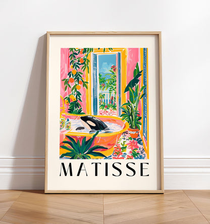Orca in bathtub poster, Matisse print, Maximalist wall art, Pink beach house decor, Tropical dopamine wall art