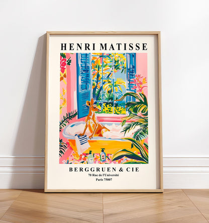 Kangaroo in bathtub art print, Dopamine art, Funny Matisse poster, Pink tropical bathroom decor