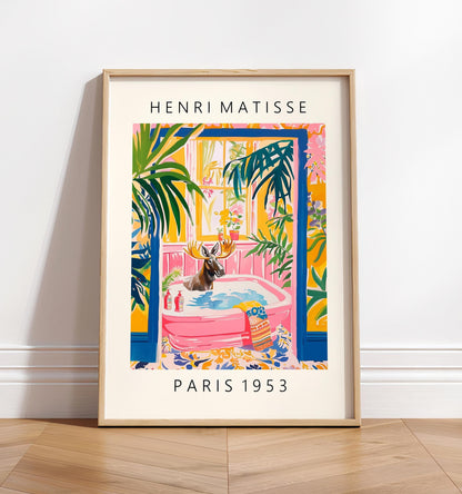 Pink dopamine decor for bathroom, Moose in bathtub funny poster, Tropical wall art, Animal art print