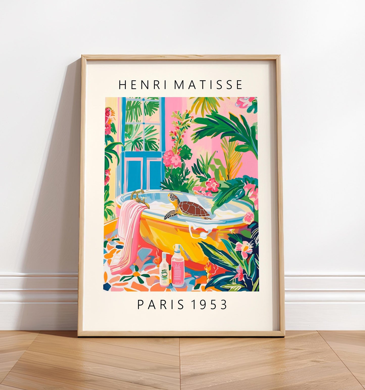 Turtle in Bathtub Art Print: Matisse Style Bathroom Dopamine Decor
