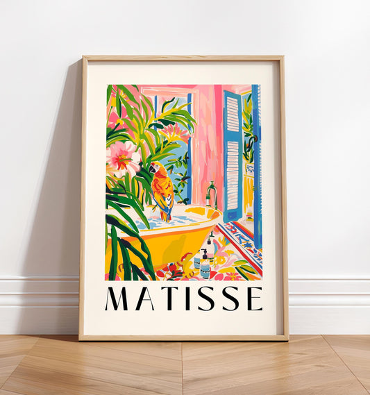 Parrot in bathtub art print, Pink dopamine decor, Maximalist Matisse poster, Tropical print, Bathroom wall art, Bird art print