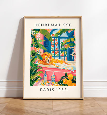 Lion in bathtub poster, Matisse poster, Pink bathroom decor, Animal wall art, Funky decor, Safari art print