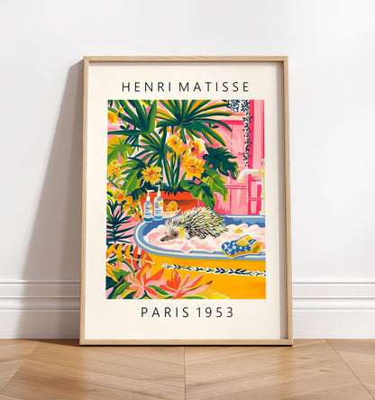 Hedgehog in Bathtub Art Print: Matisse Style Maximalist Decor