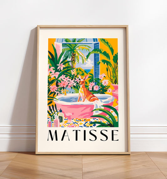 Kangaroo in bathtub art print, Maximalist decor, Henri Matisse art, Pink tropical bathroom decor, Animal art print