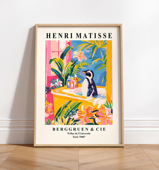 Penguin in bathtub poster, Matisse art print, Pink maximalist decor, Tropical print, Bathroom wall art, Bird art print
