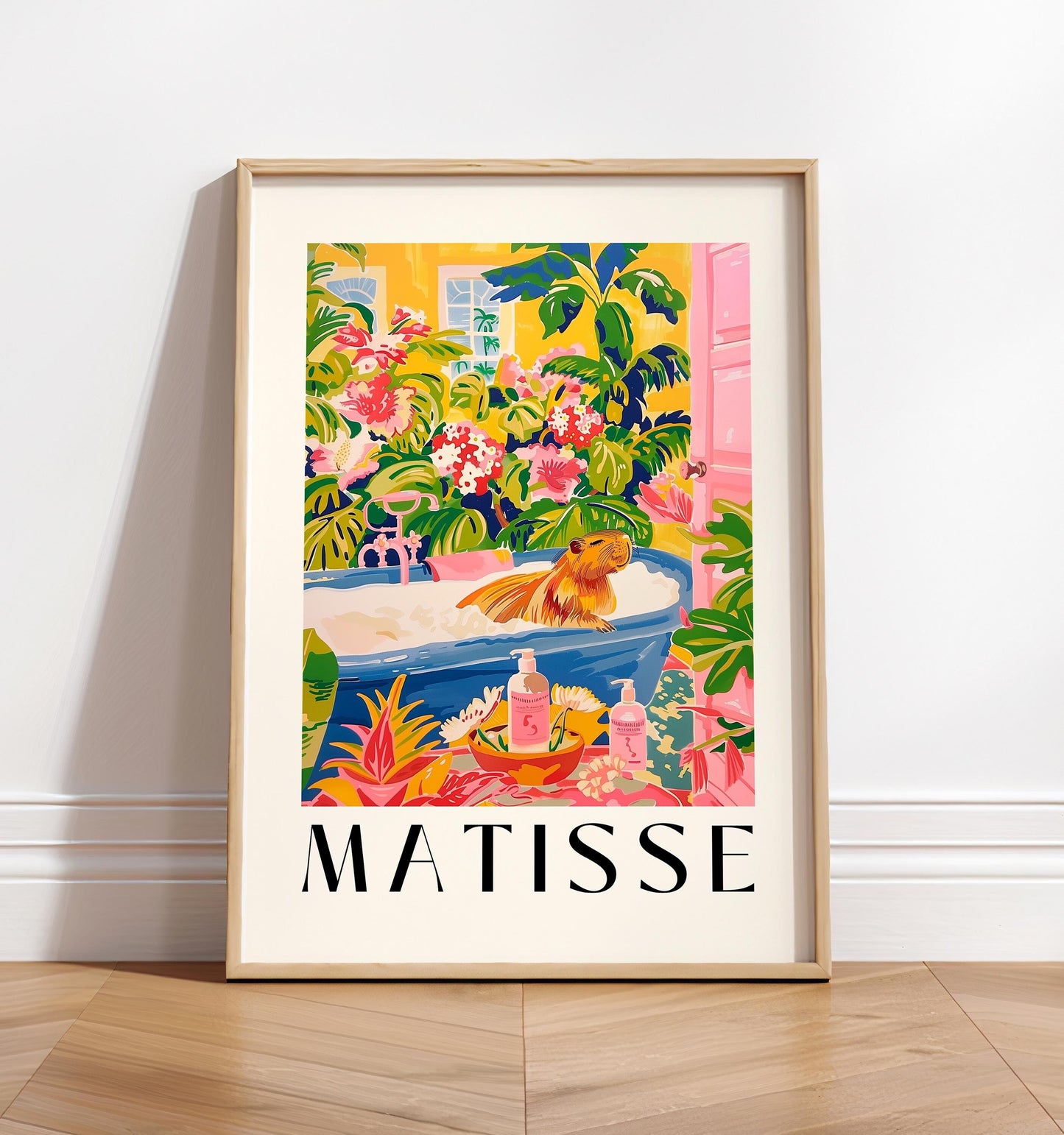 Capybara in bathtub art print, Pink tropical bathroom decor, Henri Matisse wall art,  Animal art