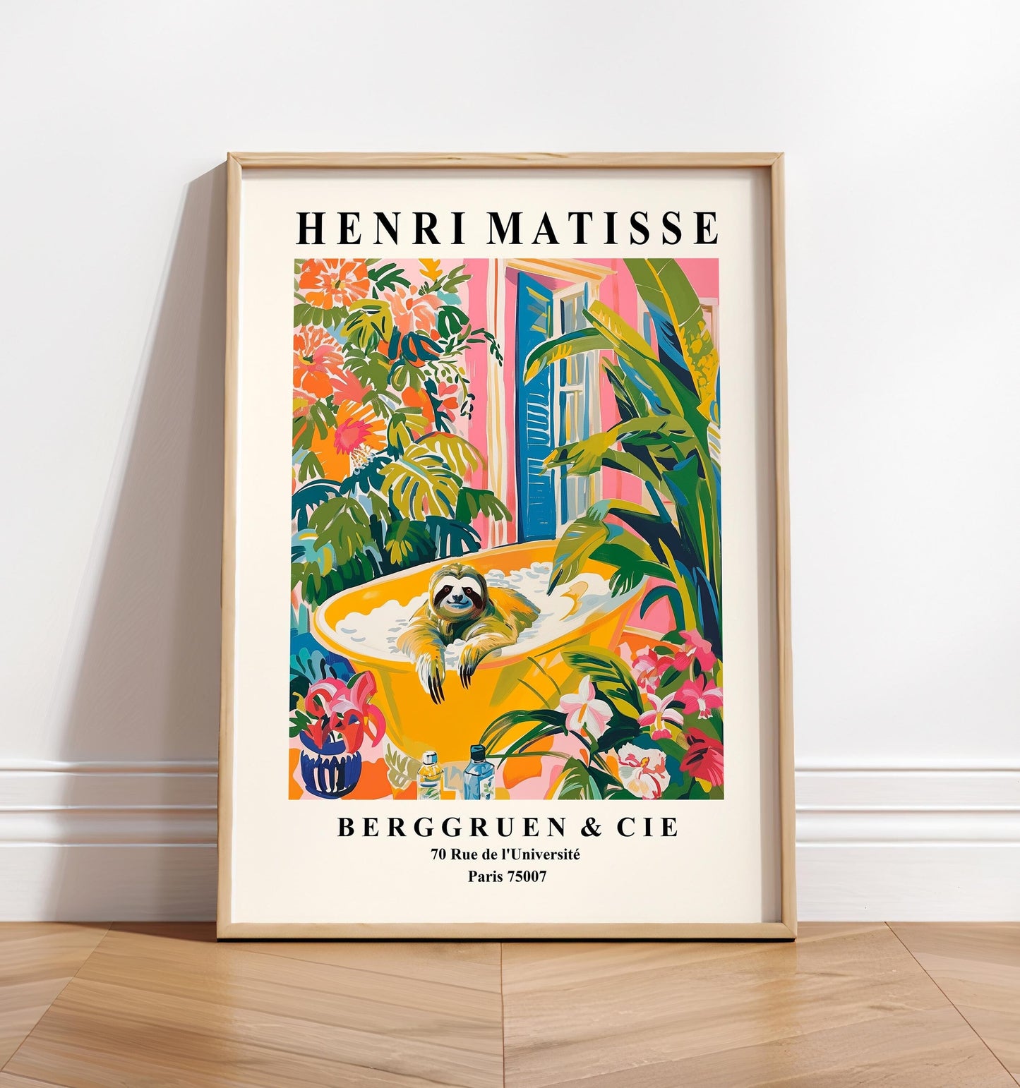Sloth in bathtub art print, Matisse print, Bathroom poster, Pink tropical wall art, Animal print