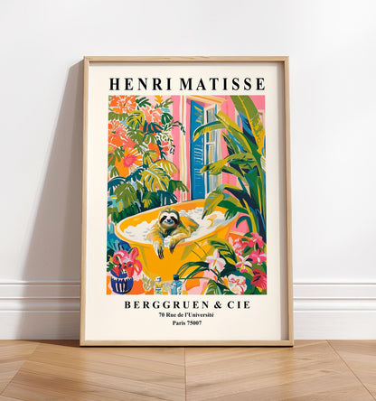 Sloth in bathtub art print, Matisse print, Bathroom poster, Pink tropical wall art, Animal print