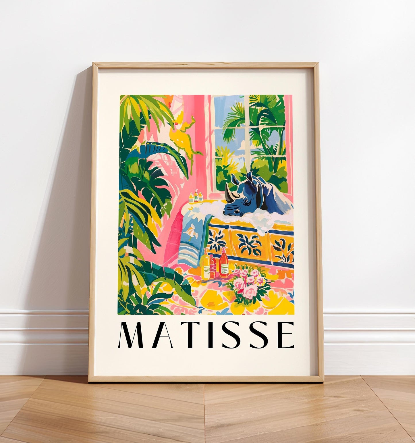Rhino print, Pink tropical decor, Matisse poster, Bathroom wall art, Safari animal print