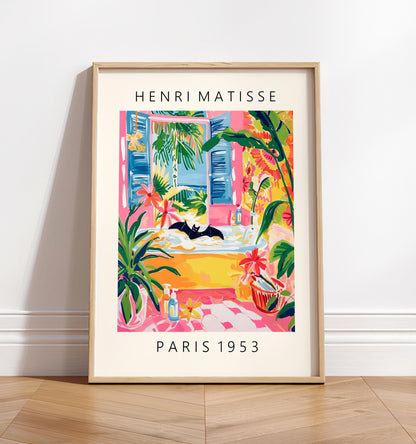 Funny bat art print, Pink wall art, Matisse poster, Bathroom decor